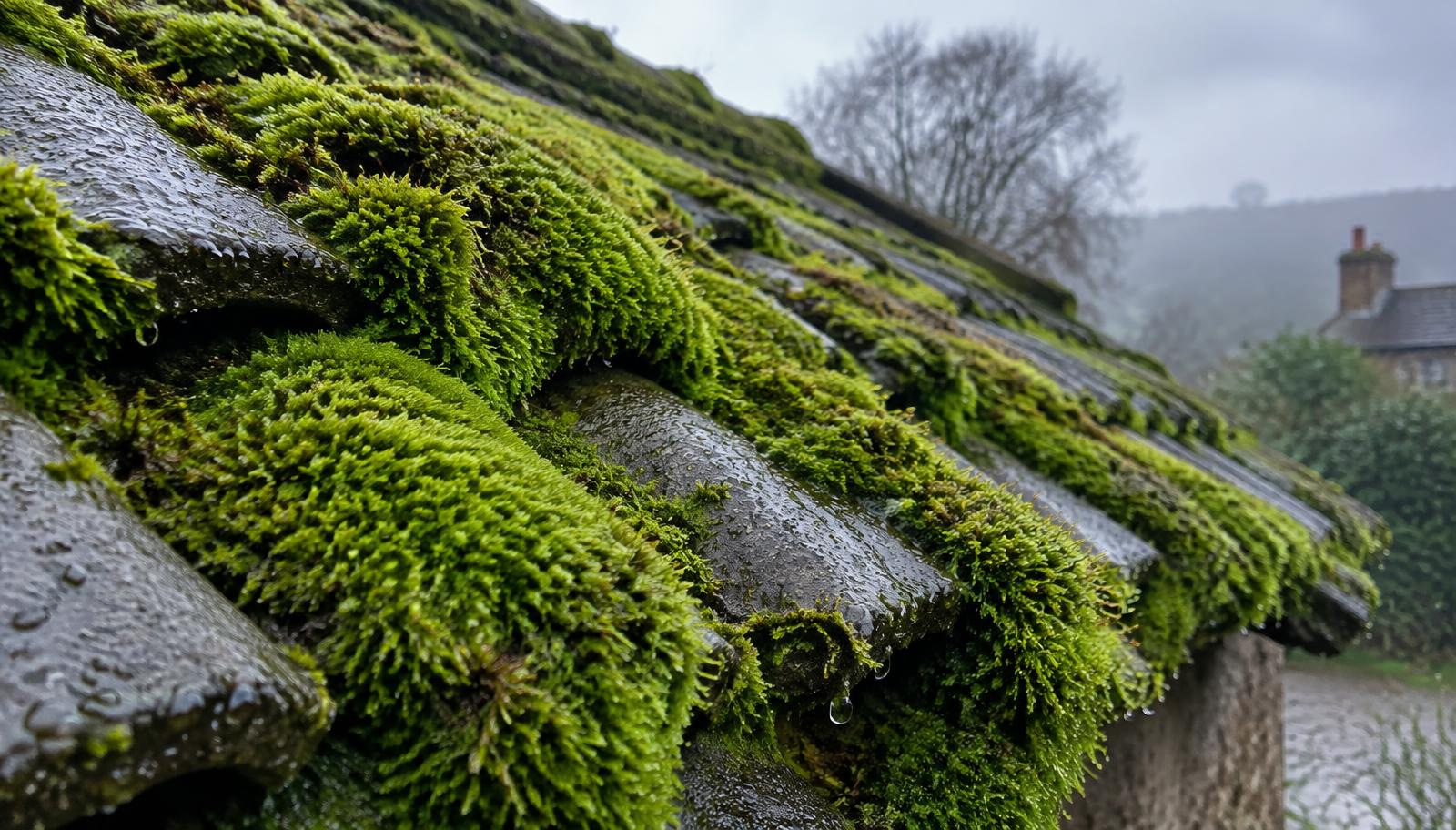 Moss covered roof tiles in wet Northern Ireland weather