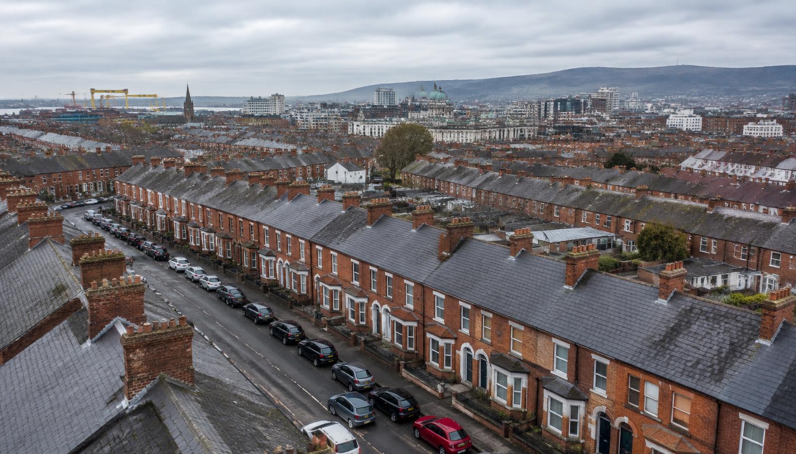 Aerial view of Belfast terraced rooftops