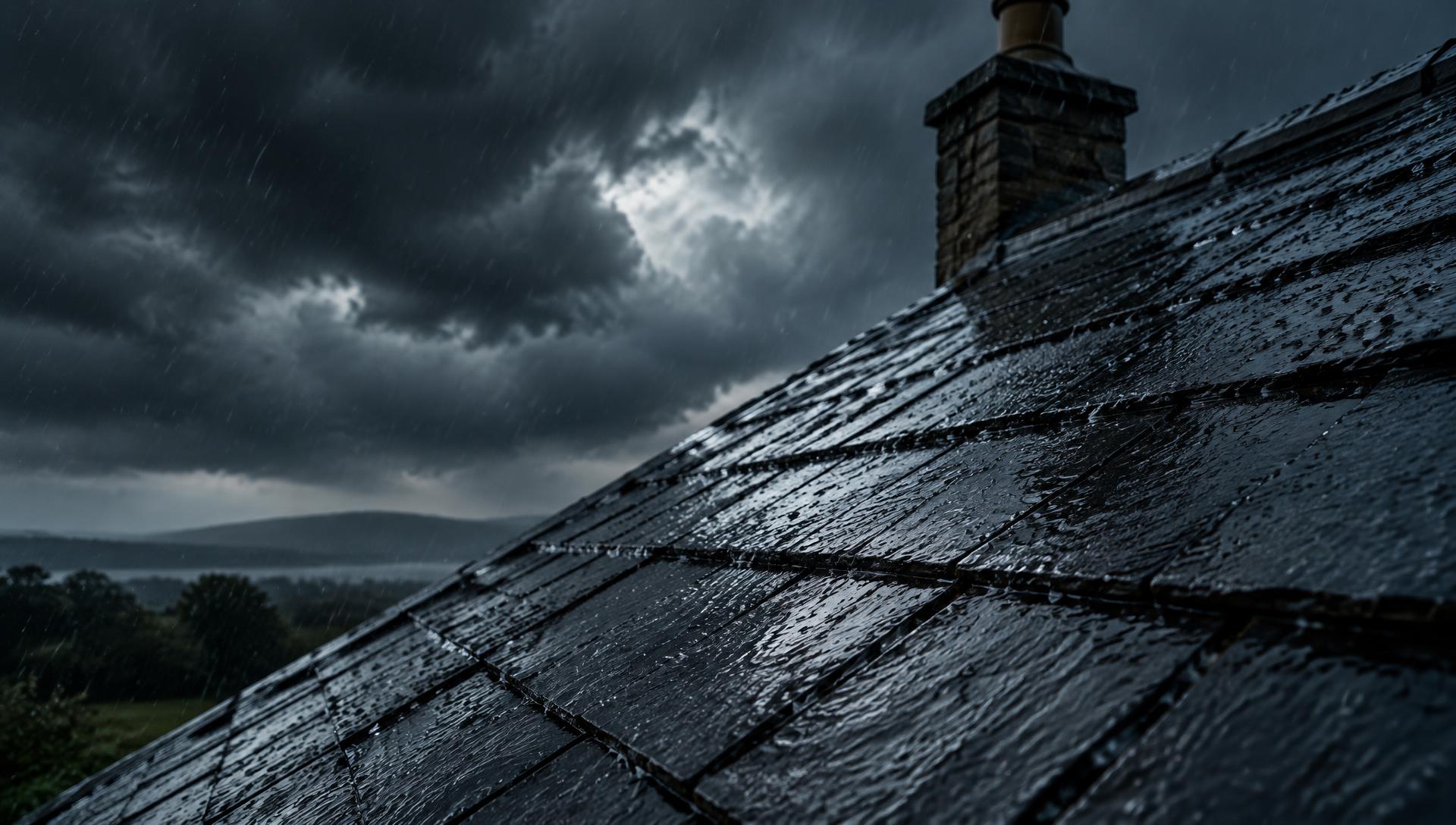 Rain lashing a slate roof under storm clouds